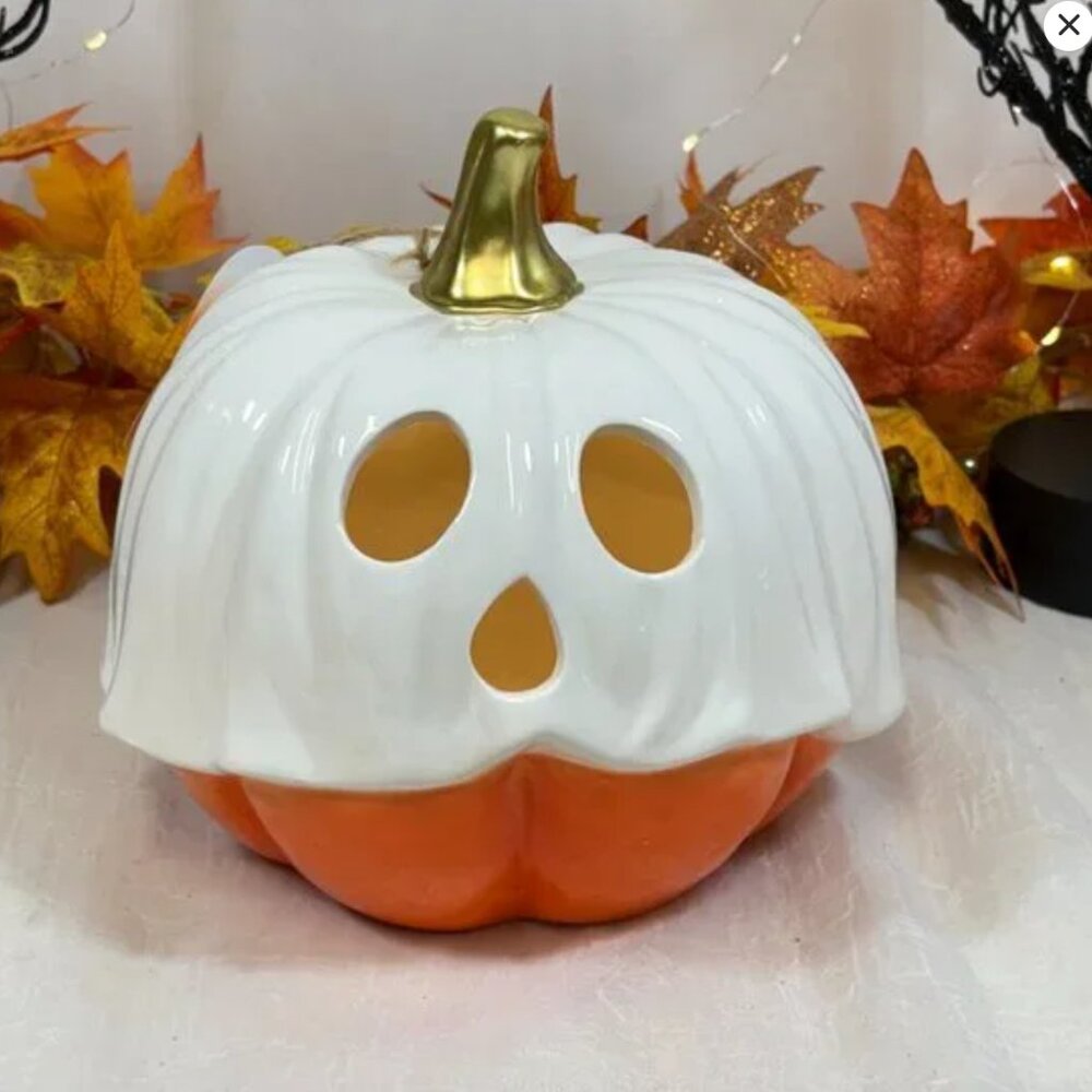 Halloween Candy Corn Ceramic Led Light up Ghost Pumpkin Large Viral Rare New